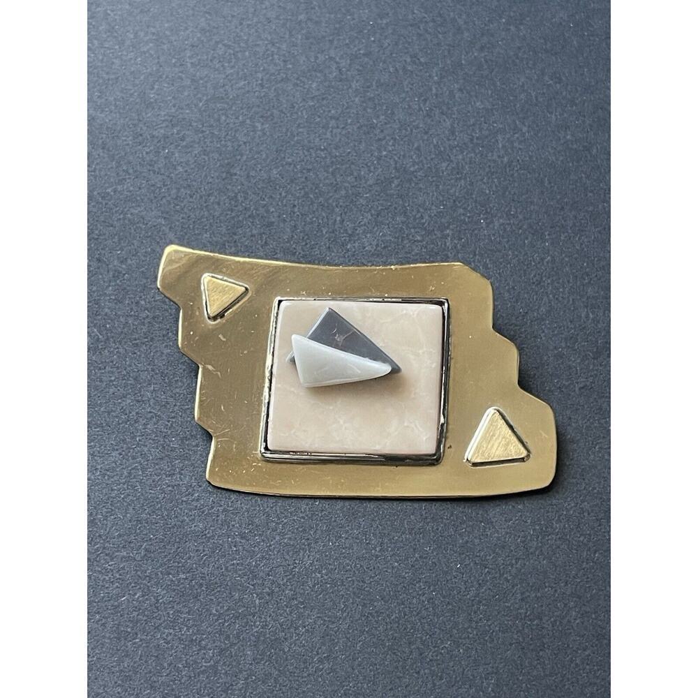Vintage Abstract Artisan Brooch Art To Wear Deco Gold Tone MCM Geometric Pin